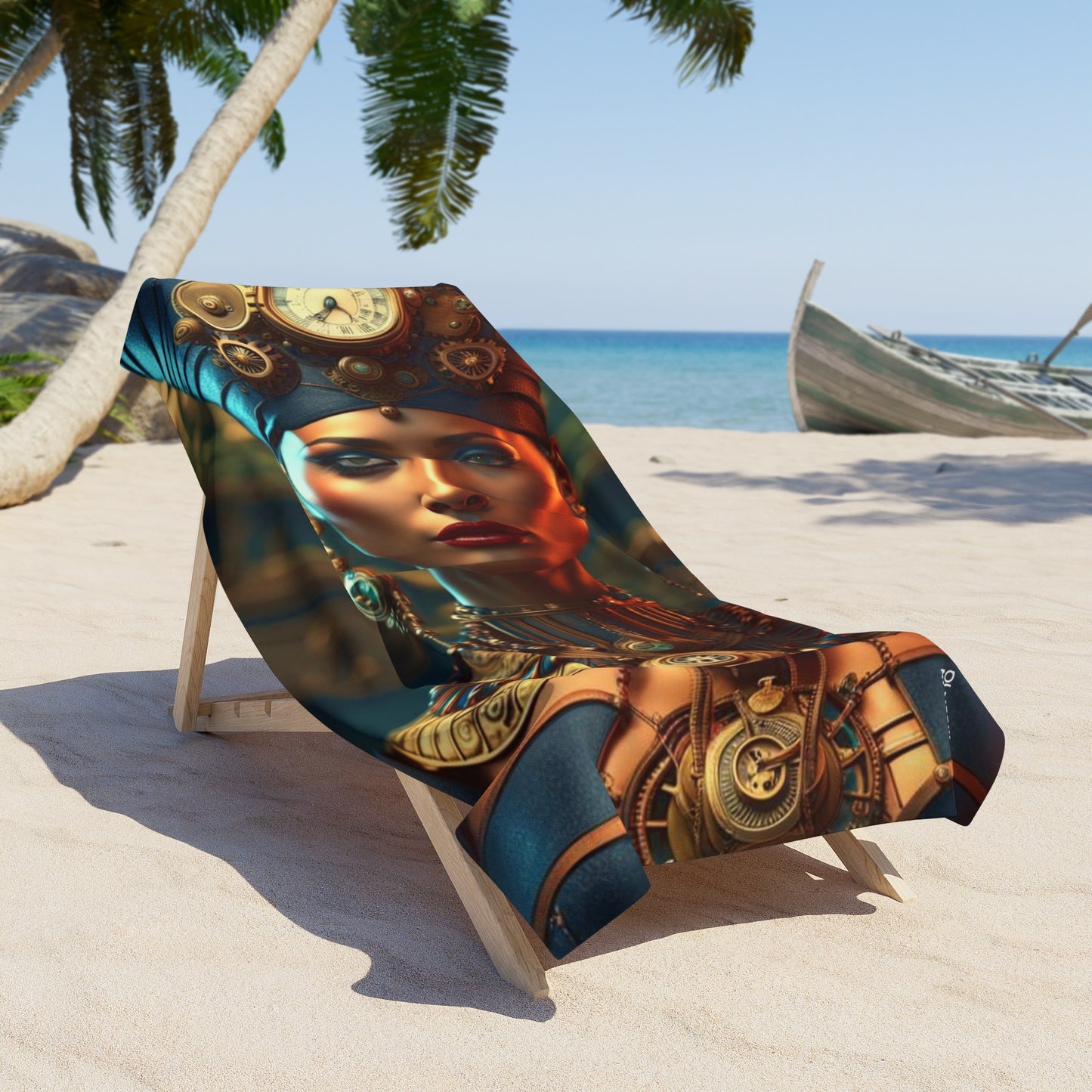 Steampunk Egyptian Queen Nefertiti NFT Art Beach Towel